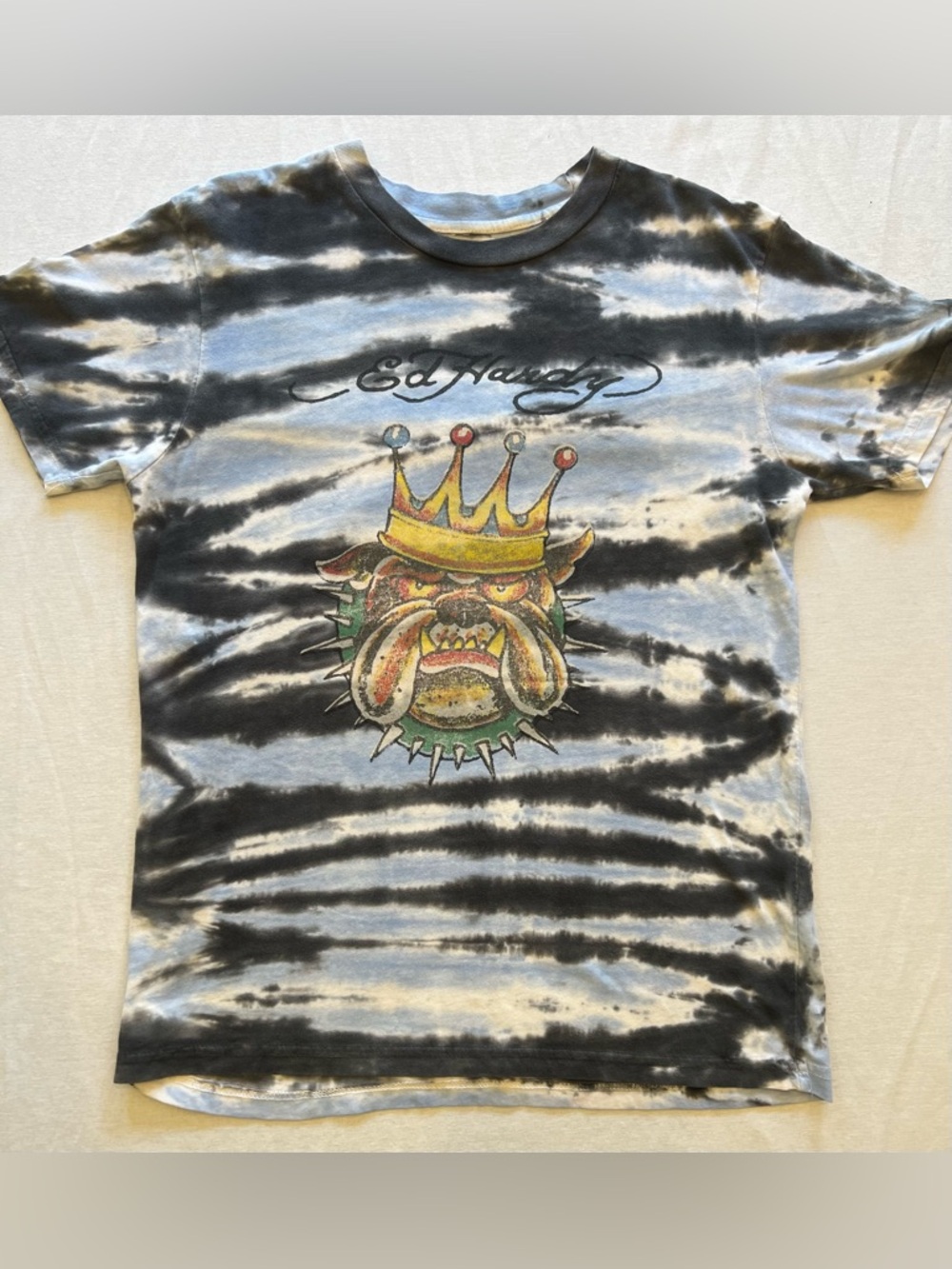 Y2K Style Ed Hardy Tie Dye Crown Bulldog Graphic Tee | Size Small